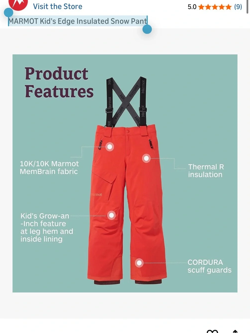 MARMOT Kid's Edge Insulated Snow Pant Size Small